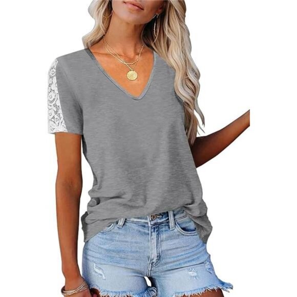 Womens Lace Short Sleeve V Neck T Shirts Summer Casual Tops Loose Fit Tees - Picture 6 of 6